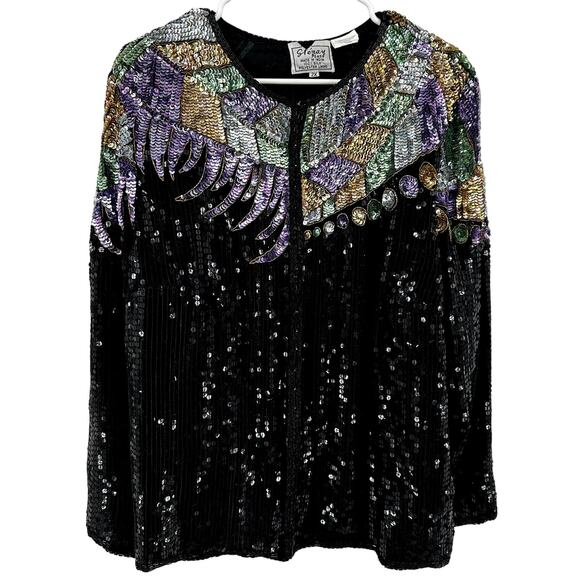 Vintage Stenay Evening Jacket Silk Beaded Sequin 1980's Party Cocktail Black 2X - Picture 1 of 5